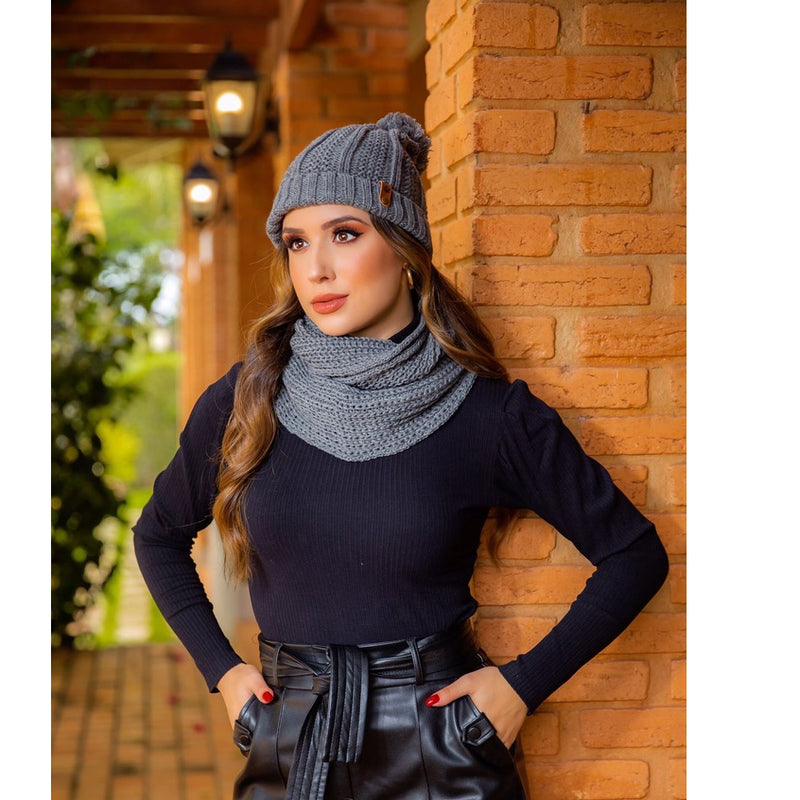 Conjunto Gorro Touca + Gola Cachecol Infinito Tricot Lã Macio Tendência Inverno Moda 2023 FAVariedades