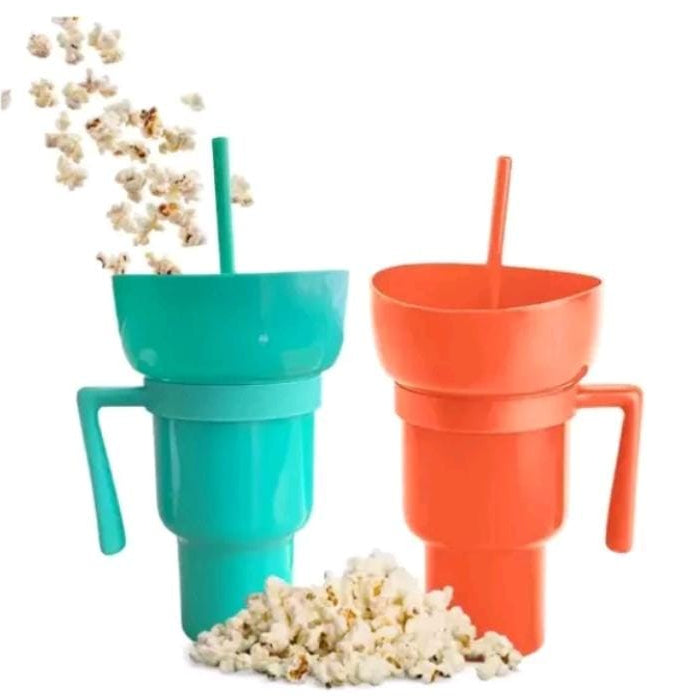 Copo com suporte, alça e canudo prático Porta Pipoca Pote Kit Cinema FAVariedades