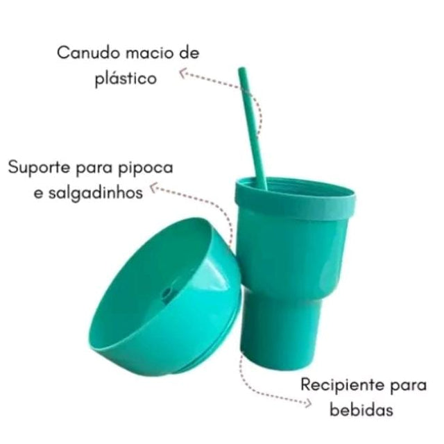 Copo com suporte, alça e canudo prático Porta Pipoca Pote Kit Cinema FAVariedades