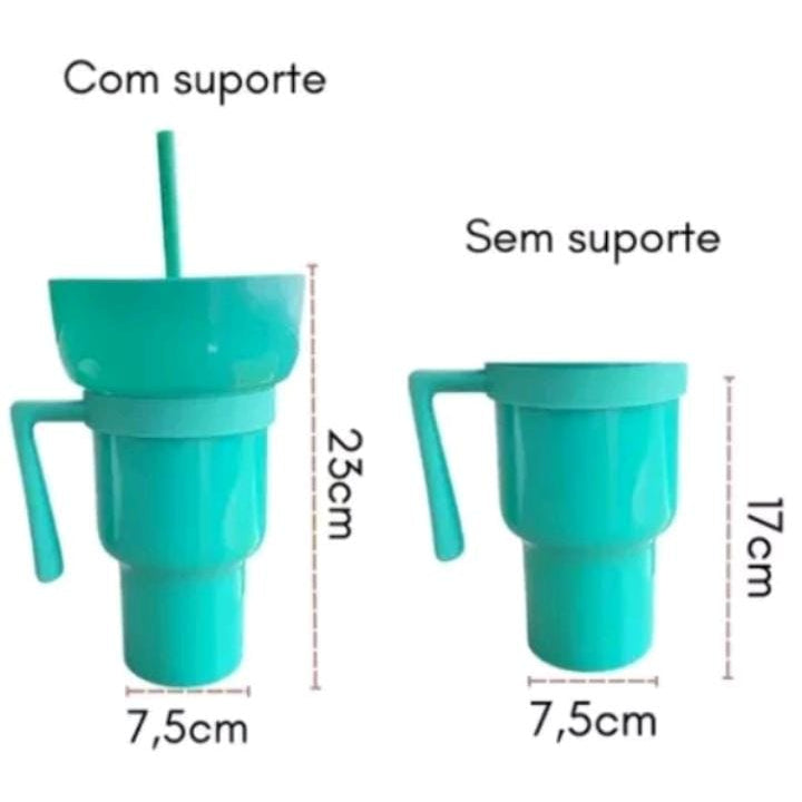 Copo com suporte, alça e canudo prático Porta Pipoca Pote Kit Cinema FAVariedades