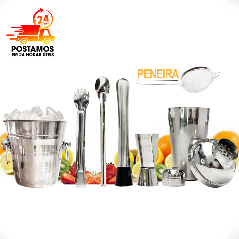 KIT Caipirinha Bartender 7 Peças Aço Inox - Coqueteira 500 ml + Socador, Dosador, Balde, Colher, Pegador gelo e Peneira Completo FAVariedades