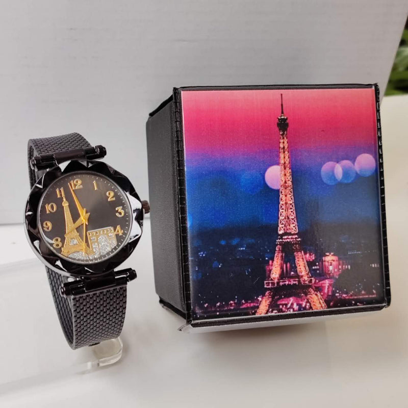 Kit com caixa Relógios Femininos de luxo Torre Eiffel Relógio de pulso para senhora presente ouro rosa preto Os relógios FAVariedades