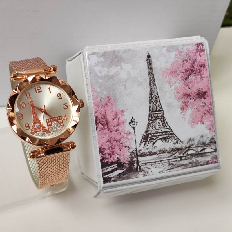 Kit com caixa Relógios Femininos de luxo Torre Eiffel Relógio de pulso para senhora presente ouro rosa preto Os relógios FAVariedades