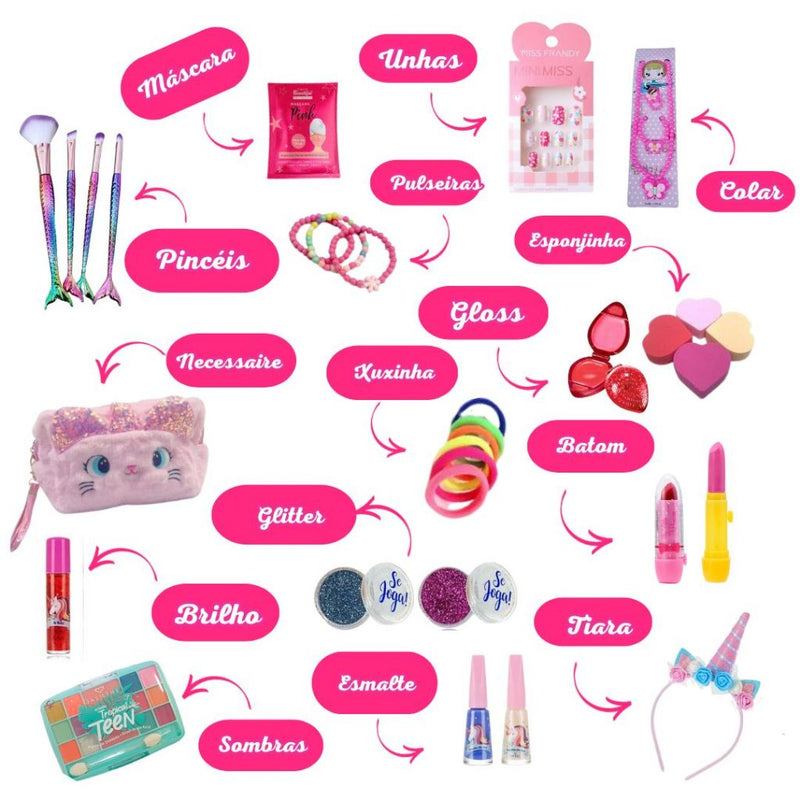 Kit Estojo de maquiagem infantil 11 itens + Necessaire linda FAVariedades