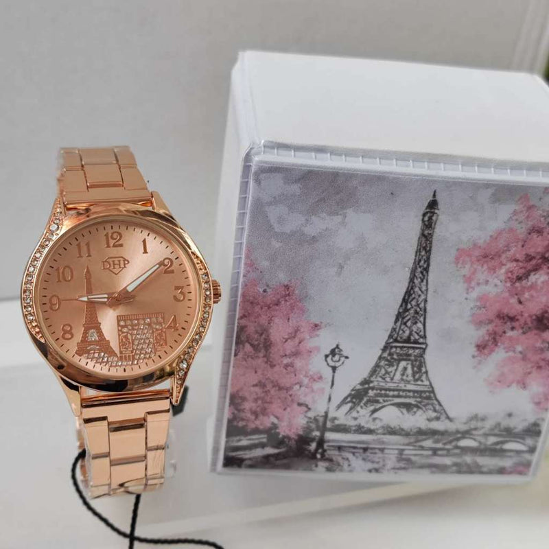 Kit com caixa Relógios Femininos de luxo Torre Eiffel Relógio de pulso para senhora presente ouro rosa preto Os relógios FAVariedades