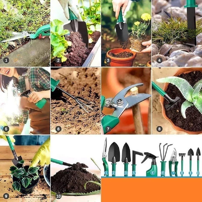 Kit Para Jardinagem Jardim Jogo Ferramentas Grama Corta Galhos Maleta Pás Poda 10 Peças Com Maleta Promoção FAVariedades