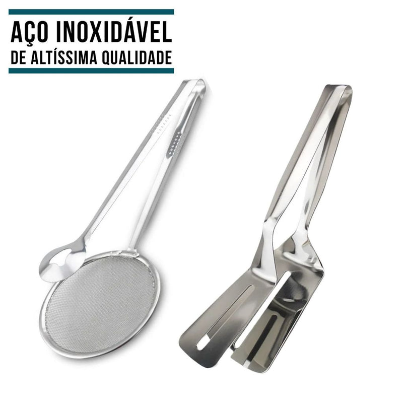 Kit 2 Pegador Inox De Fritura Escumadeira Pinça Peneira + Espátula Dupla Para Carne Churrasco Salada Cozinha FAVariedades