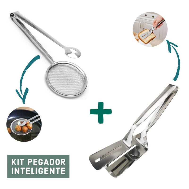 Kit 2 Pegador Inox De Fritura Escumadeira Pinça Peneira + Espátula Dupla Para Carne Churrasco Salada Cozinha FAVariedades