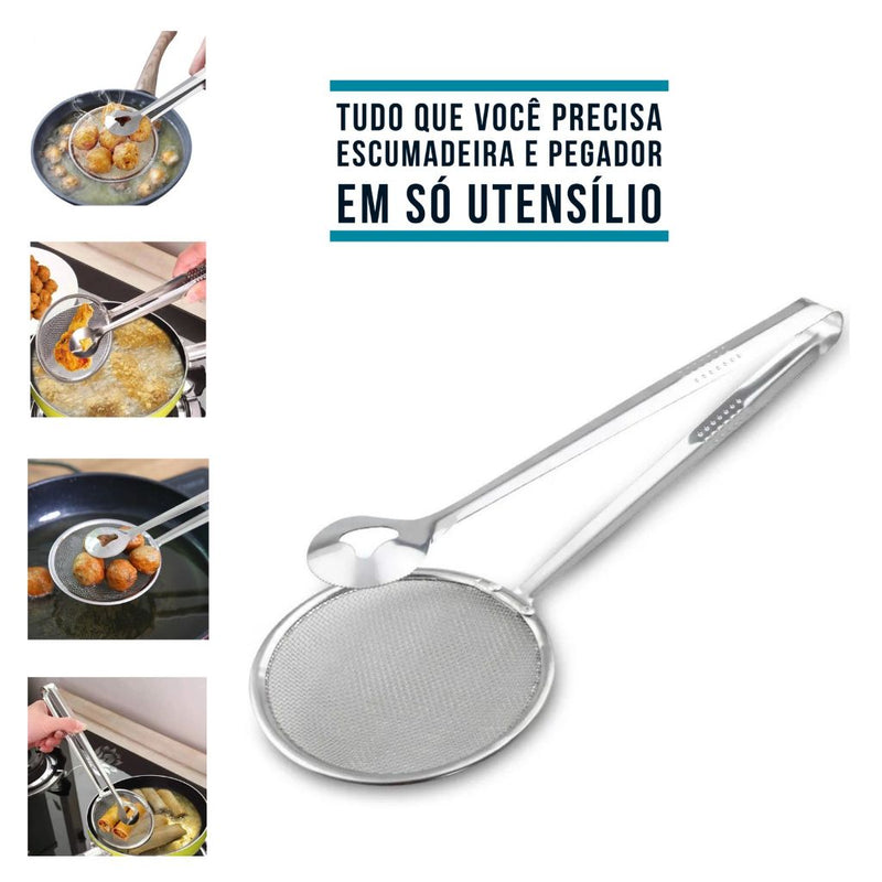 Kit 2 Pegador Inox De Fritura Escumadeira Pinça Peneira + Espátula Dupla Para Carne Churrasco Salada Cozinha FAVariedades