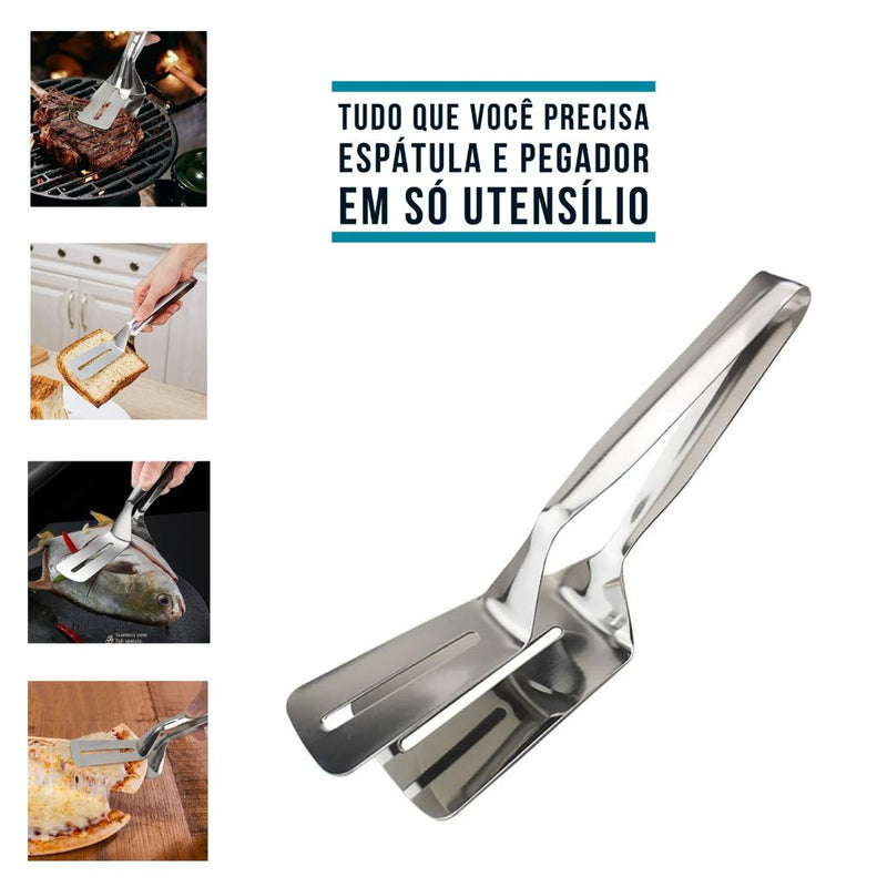 Kit 2 Pegador Inox De Fritura Escumadeira Pinça Peneira + Espátula Dupla Para Carne Churrasco Salada Cozinha FAVariedades