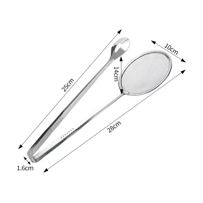 Kit 2 Pegador Inox De Fritura Escumadeira Pinça Peneira + Espátula Dupla Para Carne Churrasco Salada Cozinha FAVariedades