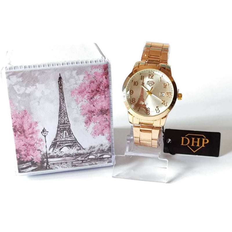 Kit com caixa Relógios Femininos de luxo Torre Eiffel Relógio de pulso para senhora presente ouro rosa preto Os relógios FAVariedades