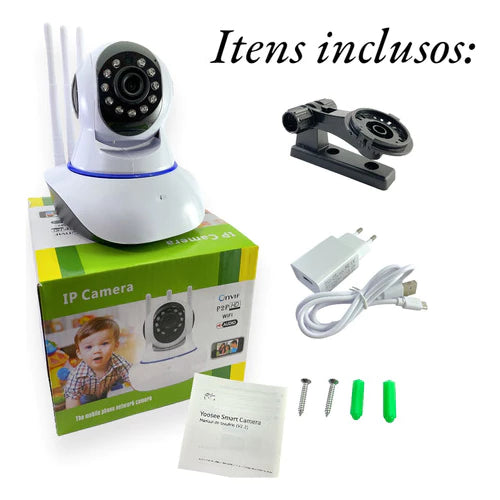 câmera iP robô 3 antenas wifi visão noturna full HD 360º microfone áudio babá eletrônica robozinho sem fio shopee