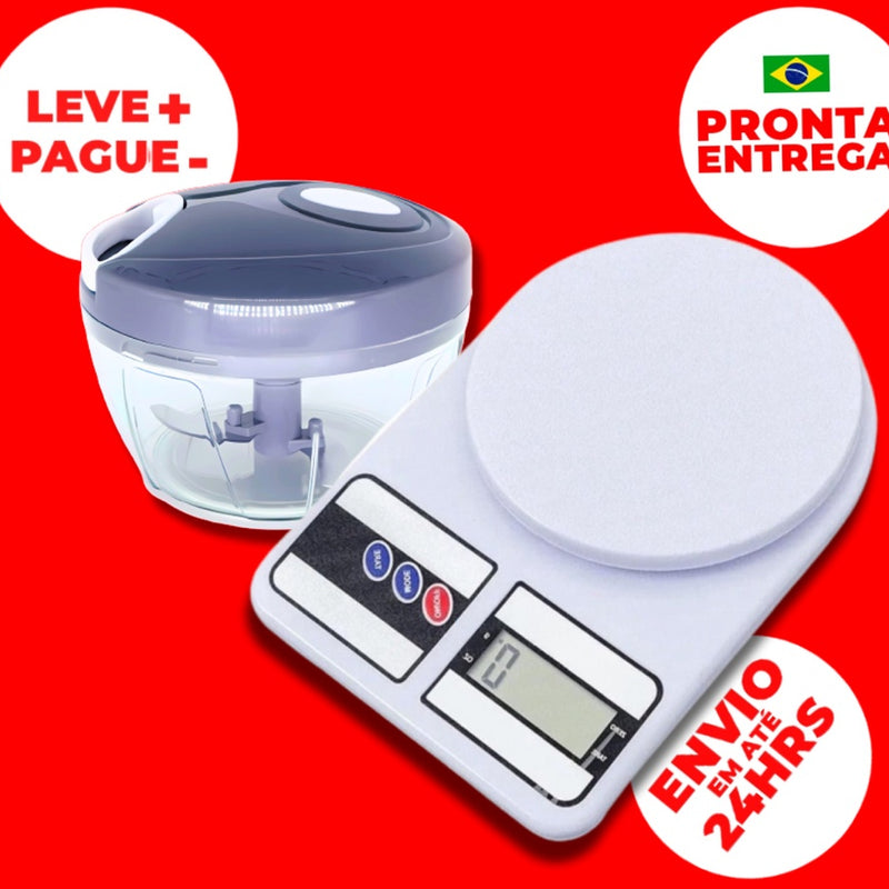 Balança Digital De Cozinha 10KG + Processador De Alimentos Manual 500ml Kit FAVariedades