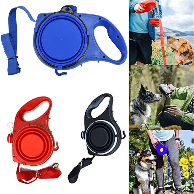 Coleira Guia Multifunção Porta Agua E Sacola Passeio Pet Cachorro Gatos Cores Preto Azul Vermelho FAVariedades