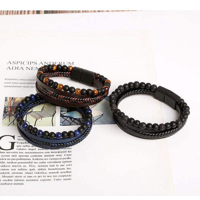 Pulseira De Couro Masculina Clássica Moda Tigre Com Contas De Aço Inoxidável Multicamadas De Corda Trançado Pulseiras FAVariedades