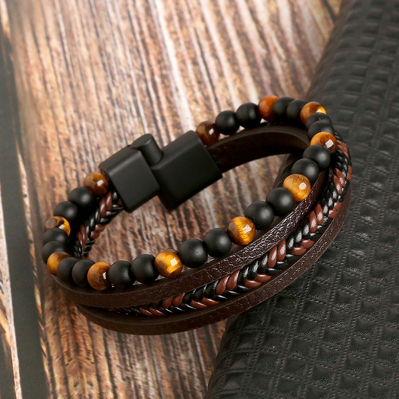 Pulseira De Couro Masculina Clássica Moda Tigre Com Contas De Aço Inoxidável Multicamadas De Corda Trançado Pulseiras FAVariedades