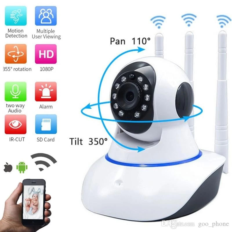 câmera iP robô 3 antenas wifi visão noturna full HD 360º microfone áudio babá eletrônica robozinho sem fio shopee