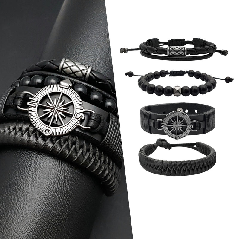 Pulseiras Masculinas de Couro Bússola Kit C/04 FAVariedades