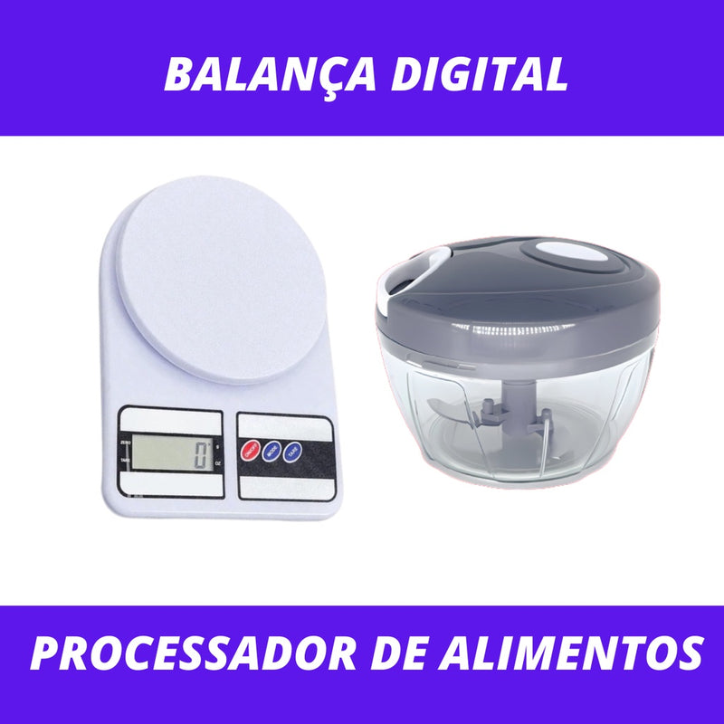 Balança Digital De Cozinha 10KG + Processador De Alimentos Manual 500ml Kit FAVariedades