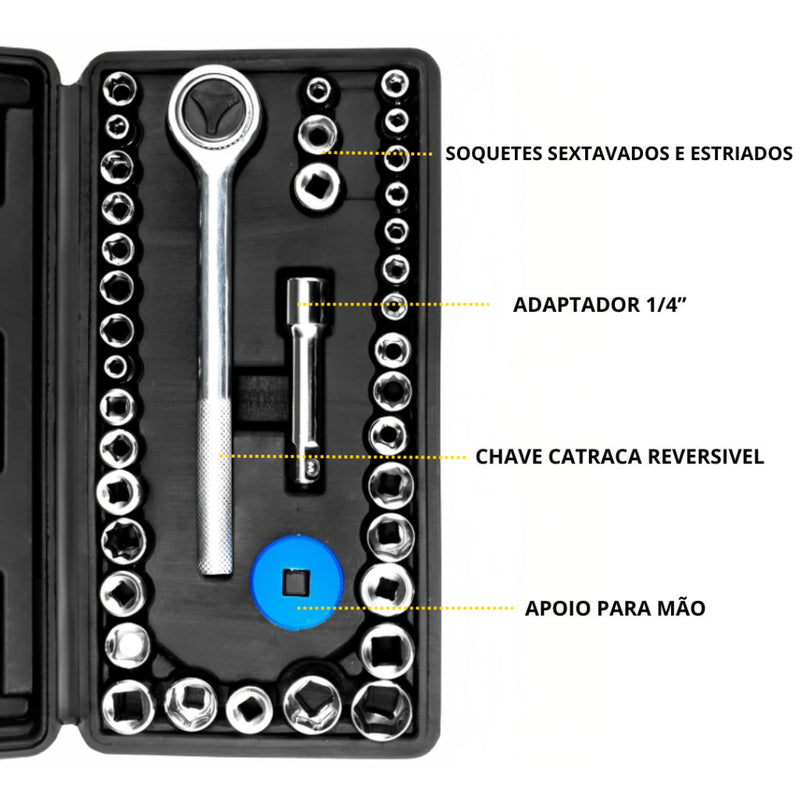 Kit De Ferramentas 46/40 Peças Jogo De Soquetes Chave Catraca Reversível Com Maleta Jogo De Ferramentas Completo FAVariedades