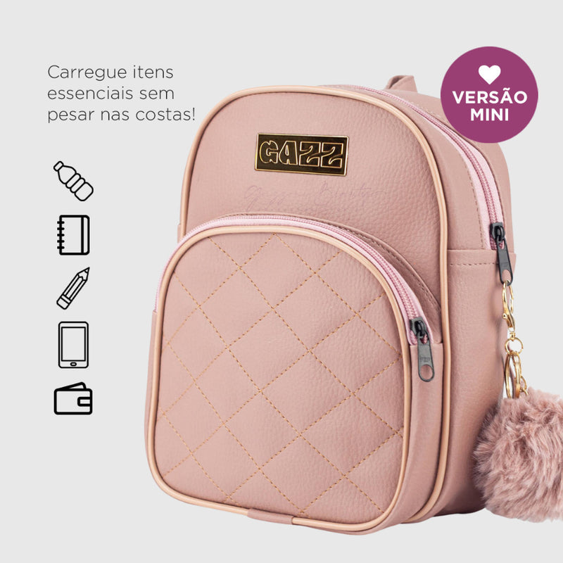 Kit Mochilinha Feminina Fivela Estilosa + Mini Mochila Pequena Com Alça De Costas Chaveiro Pompom FAVariedades