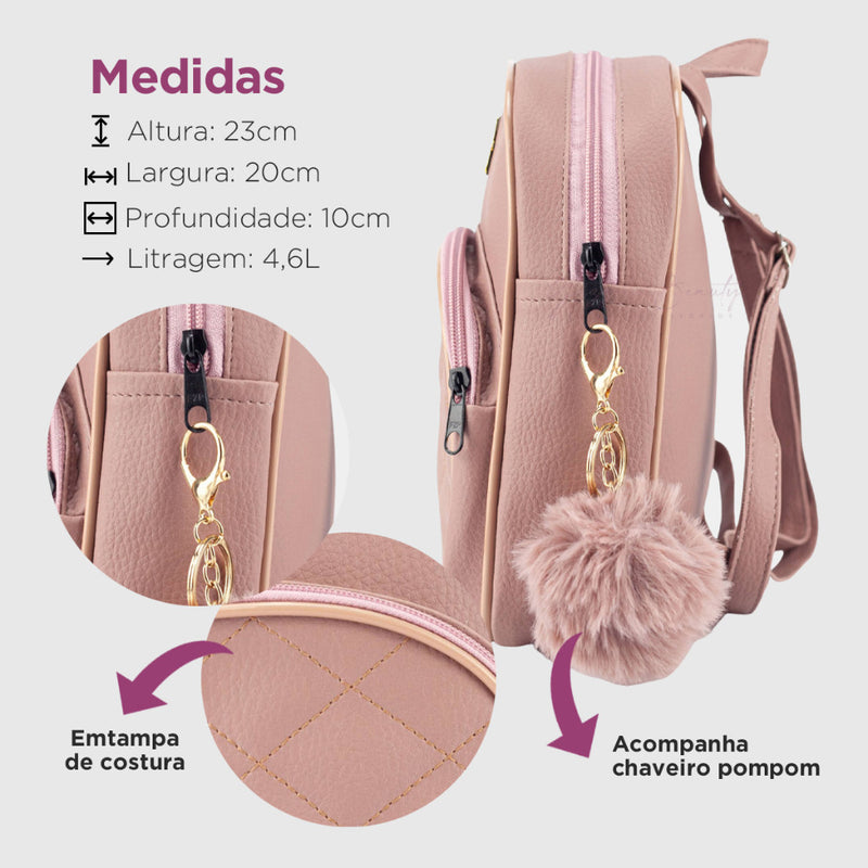 Kit Mochilinha Feminina Fivela Estilosa + Mini Mochila Pequena Com Alça De Costas Chaveiro Pompom FAVariedades