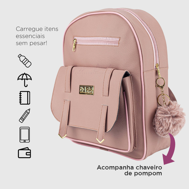 Kit Mochilinha Feminina Fivela Estilosa + Mini Mochila Pequena Com Alça De Costas Chaveiro Pompom FAVariedades