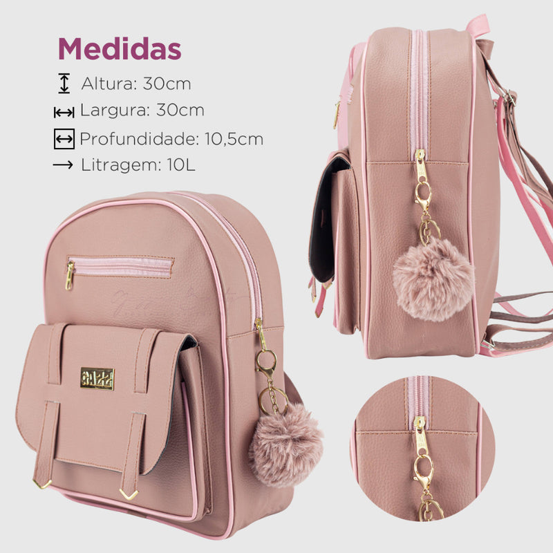 Kit Mochilinha Feminina Fivela Estilosa + Mini Mochila Pequena Com Alça De Costas Chaveiro Pompom FAVariedades