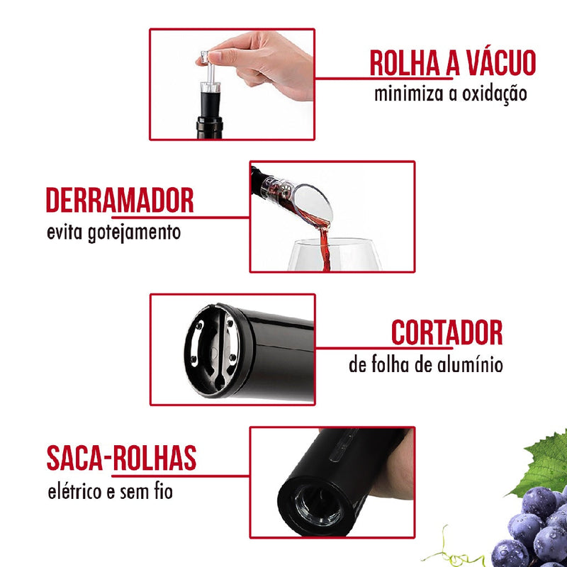 Abridor vinho garrafa saca rolha elétrico kit automático My Store