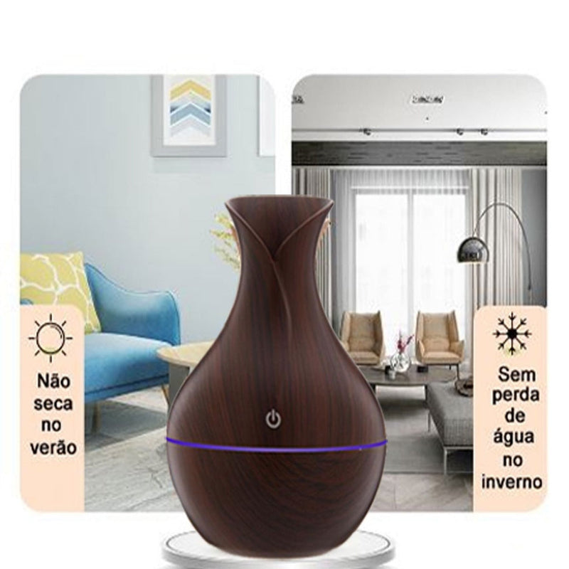 Umidificador Design de Vaso Aromatizador Silencioso textura de Madeira Recarregável com LED SU My Store